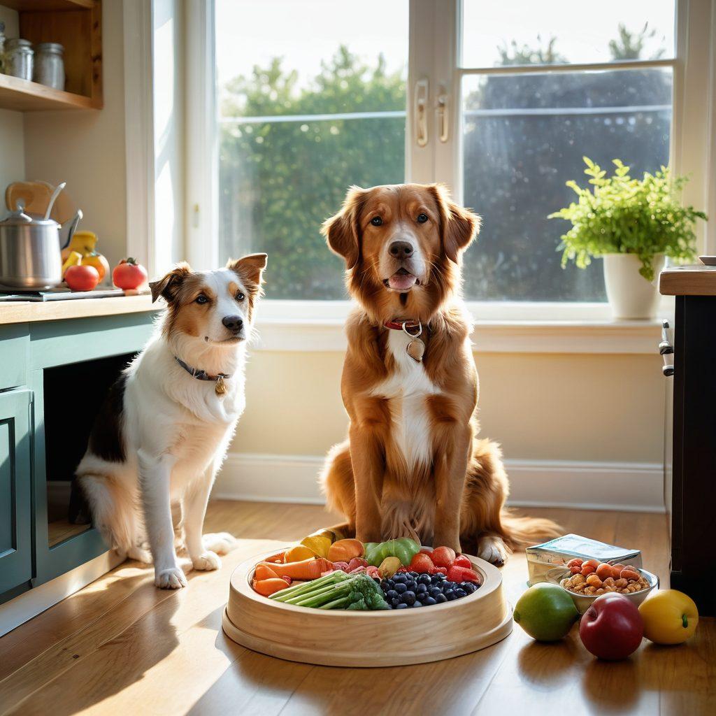 A heartwarming scene of a happy dog and cat enjoying a nutritious meal together in a sunny, cozy kitchen filled with colorful fruits and vegetables. Soft light streaming through the window, showcasing a vibrant pet food bowl with healthy ingredients. Include playful elements like toys scattered around, and a chalkboard with handwritten nutritional tips in the background. super-realistic. warm colors. cozy atmosphere.