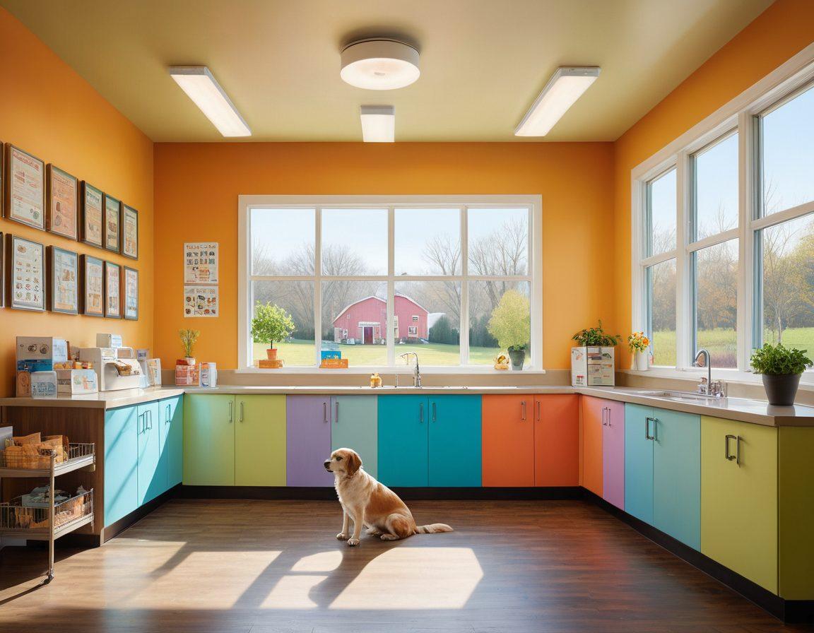 A serene and cozy veterinary clinic with an inviting atmosphere, featuring a diverse range of pets happily interacting with their caring owners and veterinarians. Include elements of nutritious pet food and educational posters on pet health on the walls. Soft natural lighting streaming through large windows, creating a warm and welcoming ambiance. Illustrate vibrant scenes of pets receiving care and enjoying healthy meals together. super-realistic. bright colors. warm lighting.