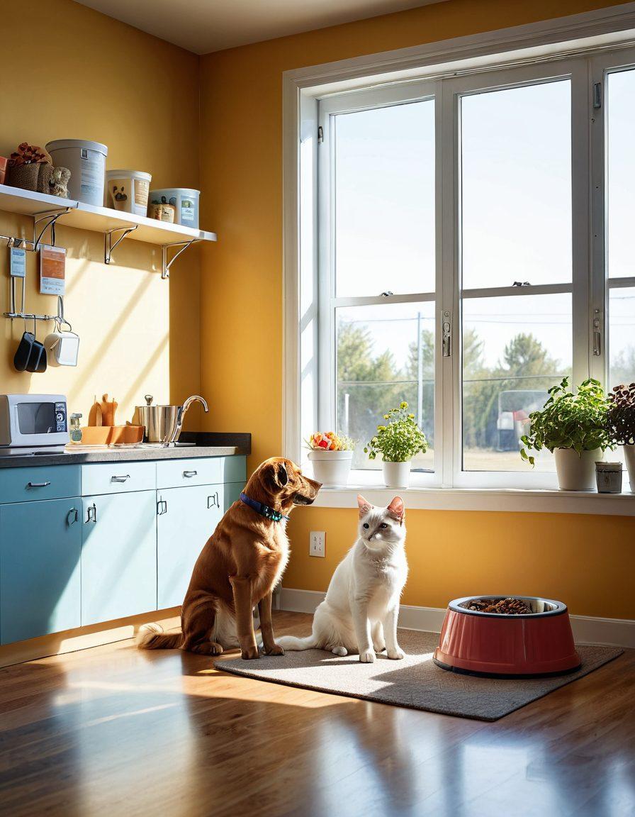 A warm and inviting veterinary clinic scene with a caring veterinarian examining a happy dog and a curious cat, surrounded by pet care essentials like food, toys, and medical supplies. Soft sunlight streaming through the windows, creating a comforting atmosphere. Infographics highlighting tips for pet care subtly displayed in the background. vibrant colors. super-realistic.